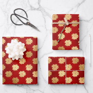 Christmas floral dark red gold poinsettias elegant wrapping paper sheet