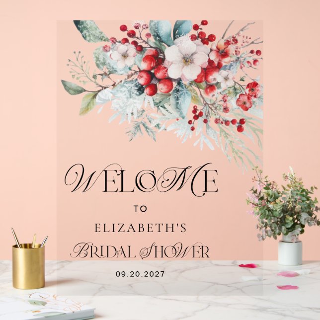 Christmas Floral Elegant Bridal Shower Welcome Acrylic Sign (Wedding)