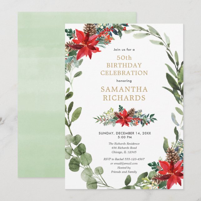 Christmas floral elegant watercolor birthday party invitation (Front/Back)