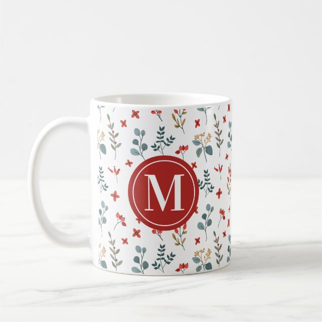 Christmas Floral Eucalyptus Berries Monogram Coffee Mug (Left)