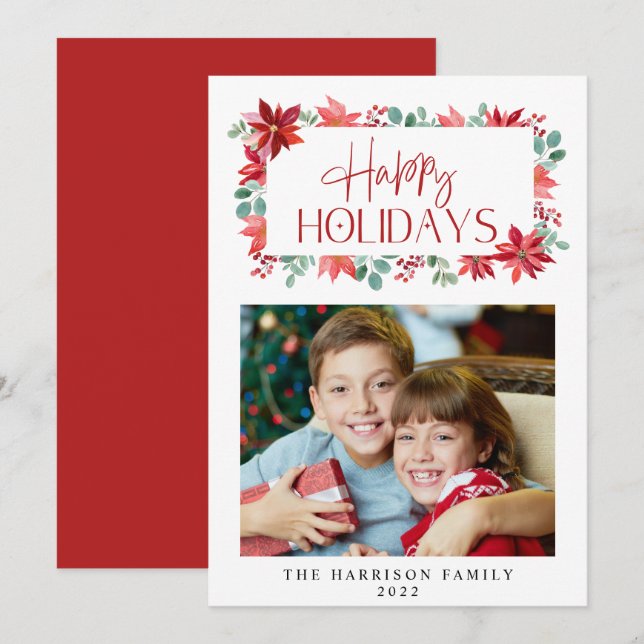 Christmas Floral Eucalyptus Watercolor Photo Holiday Card (Front/Back)