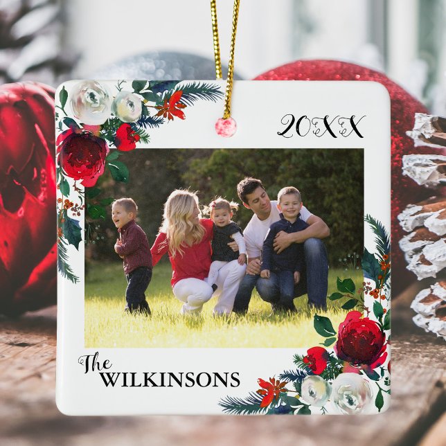 Christmas Floral Family Picture Ceramic Ornament (Creator Uploaded)