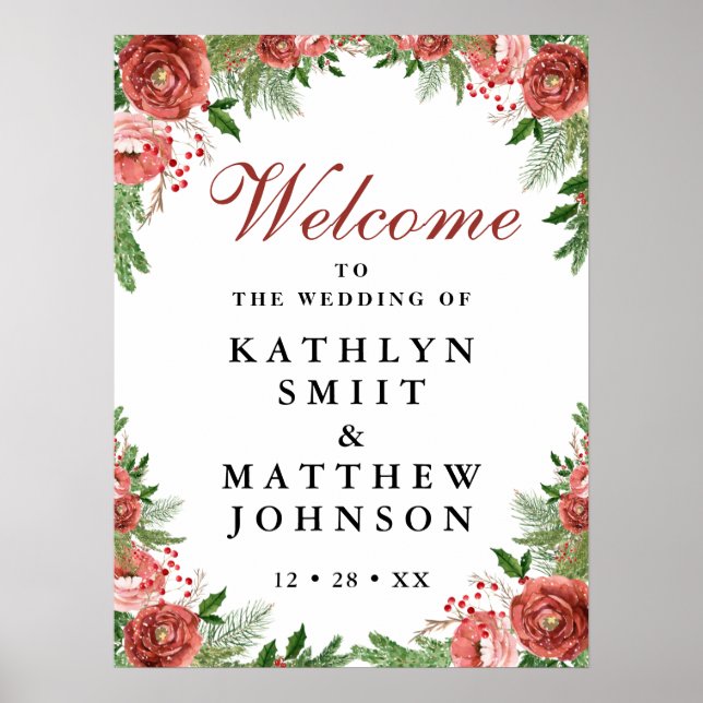 Christmas Floral Foliage Winter Wedding Welcome Poster (Front)