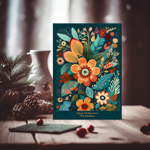 Christmas Floral Folk Art Deep Forest Green Holida Holiday Card