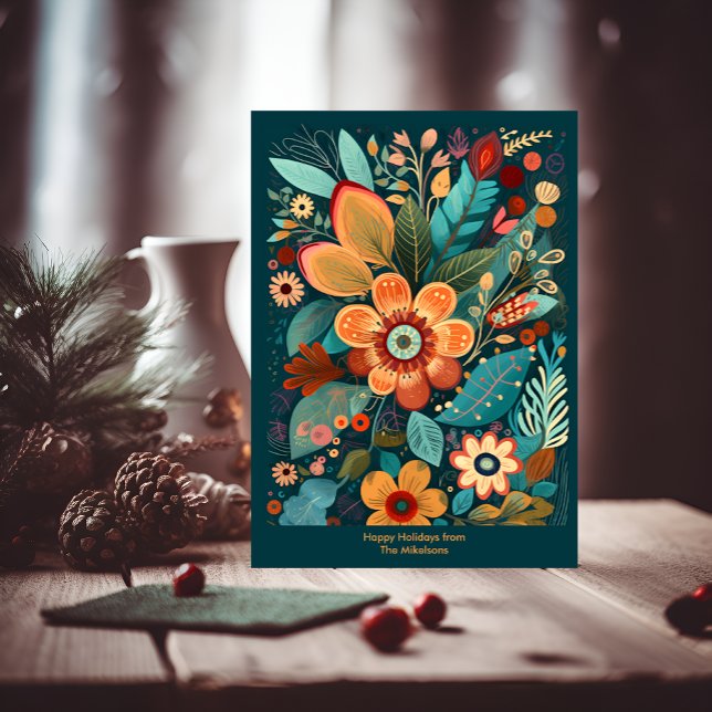 Christmas Floral Folk Art Deep Forest Green Holida Holiday Card (Creator Uploaded)