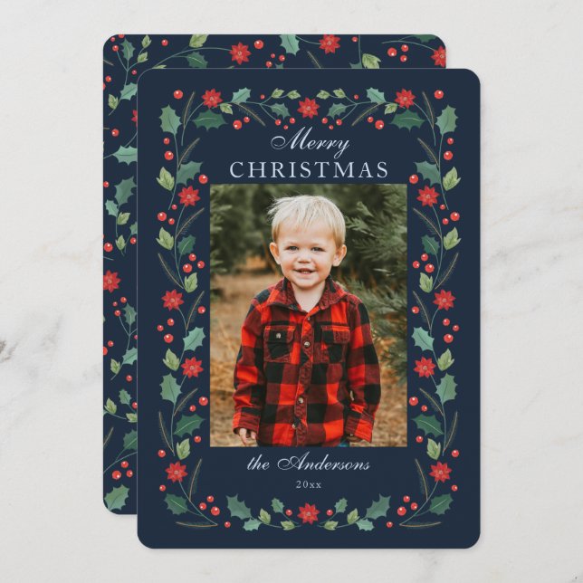 Christmas floral Frame Photo Navy Holiday Card (Front/Back)