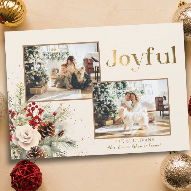 Christmas Floral Gold Joyful Text 2-Photo  Holiday Card (Creator Uploaded)
