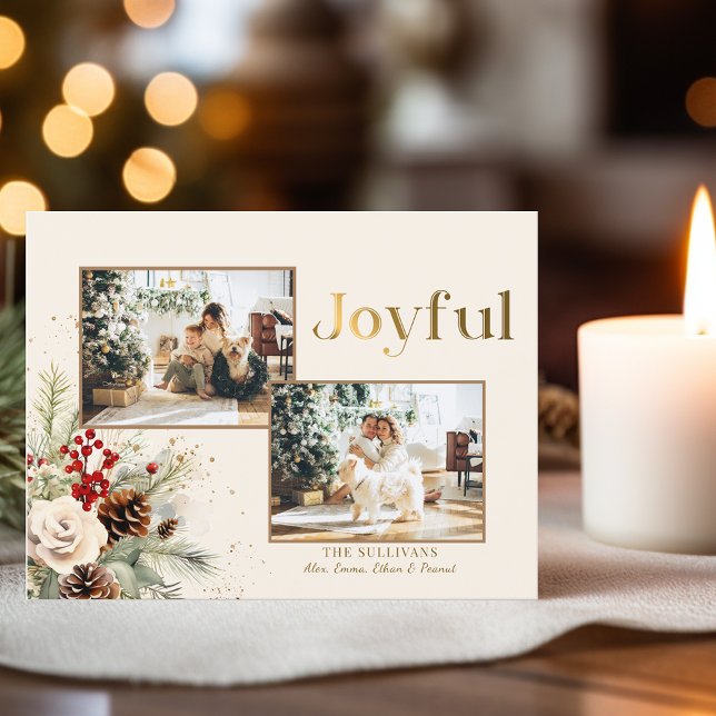 Christmas Floral Gold Joyful Text 2-Photo  Holiday Postcard (Creator Uploaded)