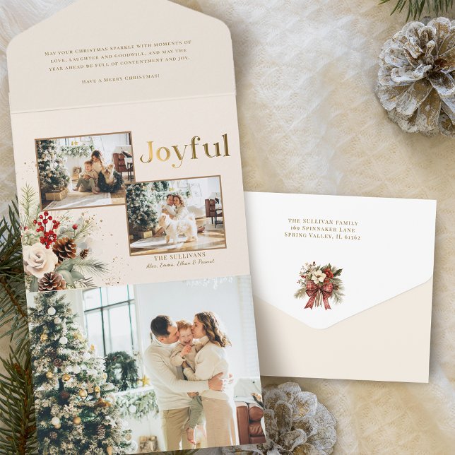 Christmas Floral Gold Joyful Text Multi-Photo  All In One Invitation (Creator Uploaded)