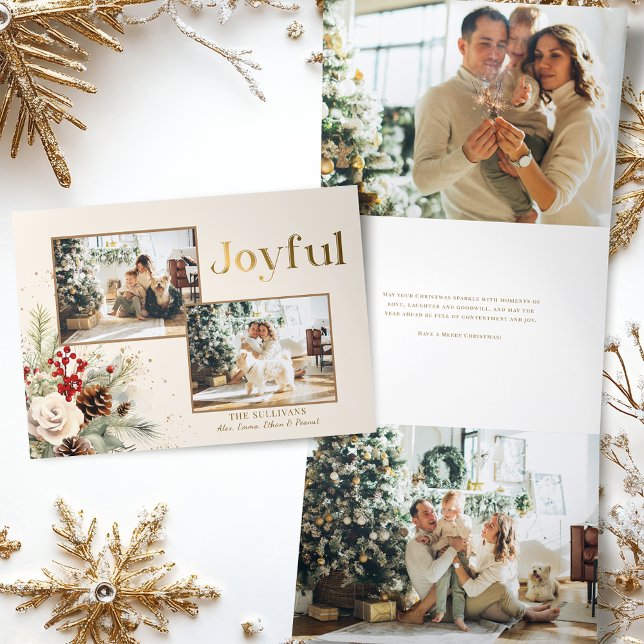 Christmas Floral Gold Joyful Text Multi-Photo  Tri-Fold Holiday Card (Creator Uploaded)