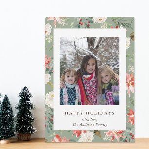 Christmas Floral Happy Holidays Family Photo Sage Holiday Card