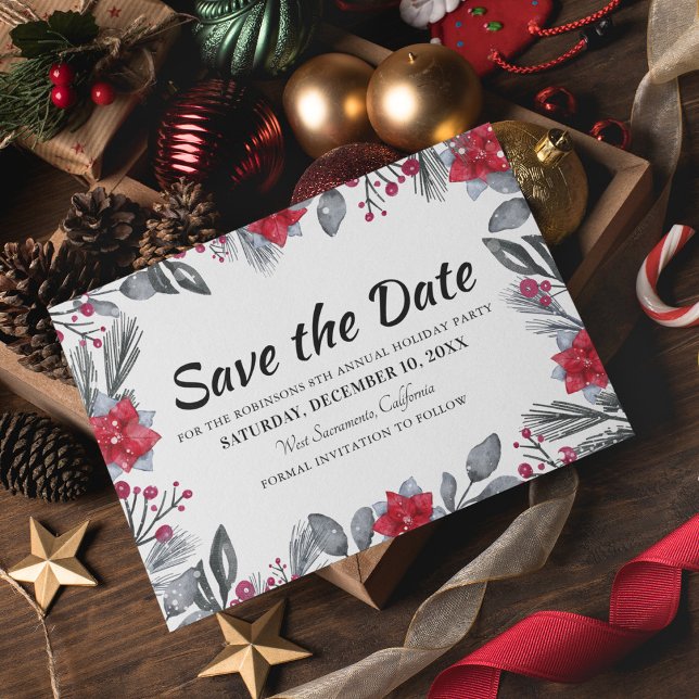 Christmas Floral Holiday Party Save the Date Announcement Postcard (Creator Uploaded)