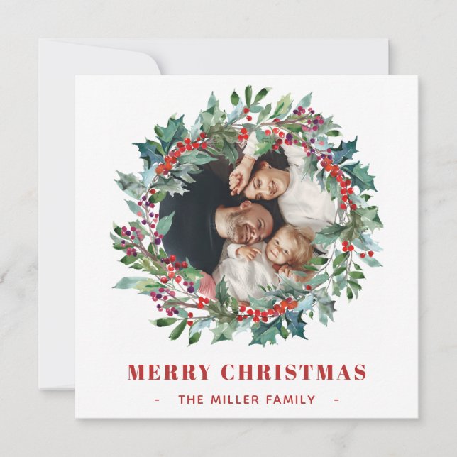 Christmas Floral Holly and berries wreath 2 Photos Holiday Card (Front)