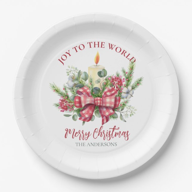 Christmas floral Joy to the world pine cone bow Paper Plate (Front)