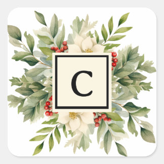 Christmas Floral Monogram Letter Square Sticker