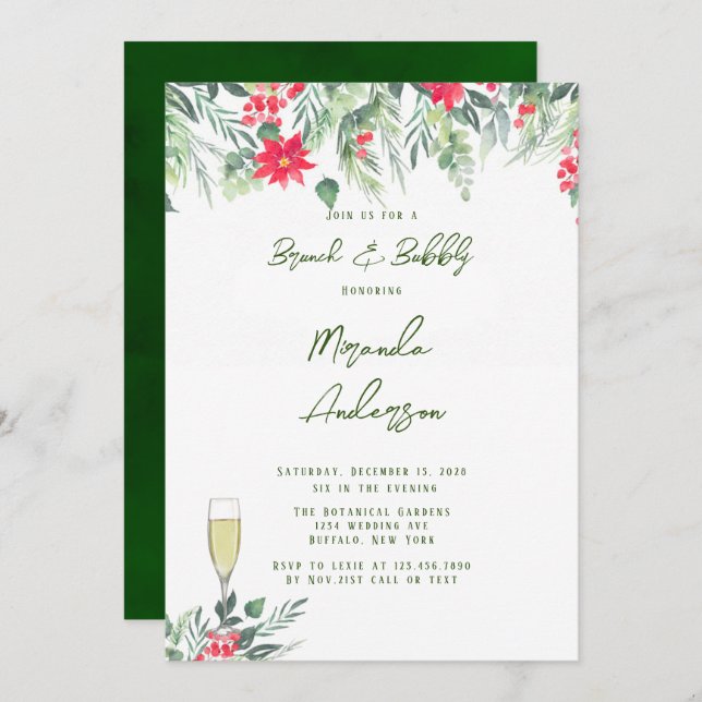 Christmas Floral Paint Leaf Brunch & Bubbly Invitation (Front/Back)