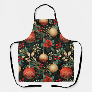 Christmas Floral Pattern with Ornaments Decor Apron