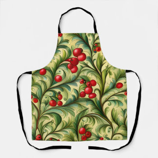 Christmas Floral Pattern With Red Berries Apron