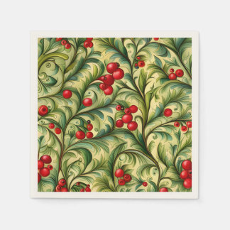 Christmas Floral Pattern With Red Berries Napkin