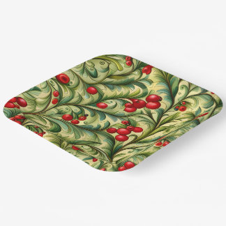 Christmas Floral Pattern With Red Berries Paper Plate