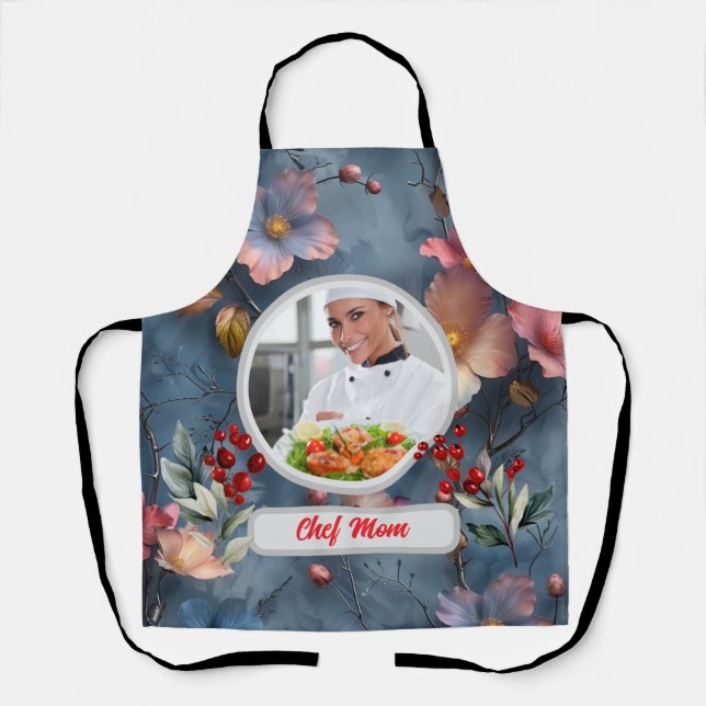 Christmas Floral Personalised Chef Mum Photo Apron (Front)