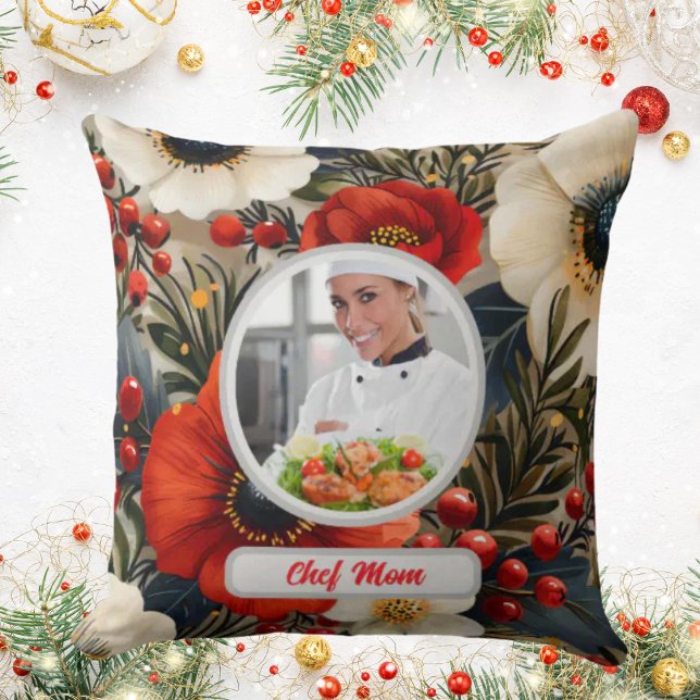 Christmas Floral Personalised Chef Mum Photo Cushion (Creator Uploaded)