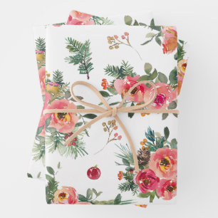 Christmas Floral & Pine Pattern   Winter Holiday Wrapping Paper Sheet