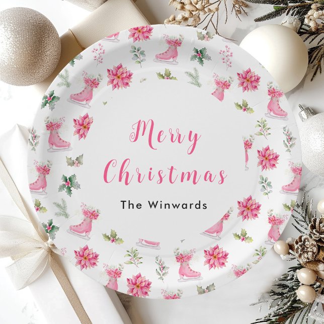 Christmas Floral Pink Ice Skates Merry Christmas Paper Plate (Creator Uploaded)