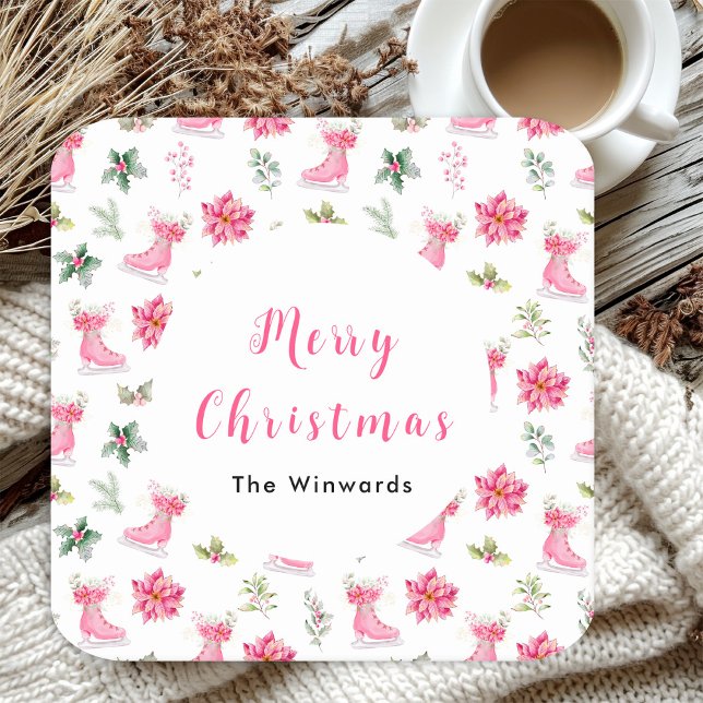 Christmas Floral Pink Ice Skates Merry Christmas Square Paper Coaster (Creator Uploaded)