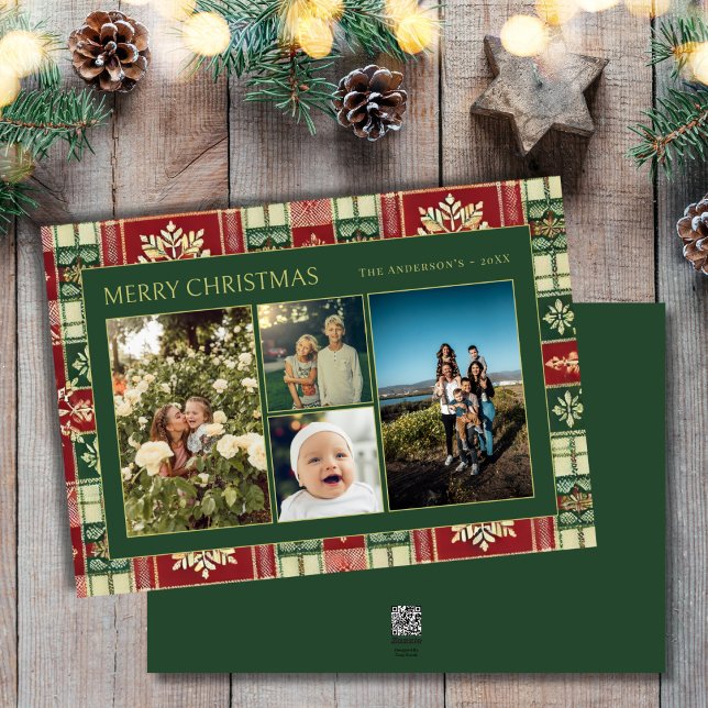 Christmas Floral Plaid Family 4 Photo Collage Holiday Card (Creator Uploaded)