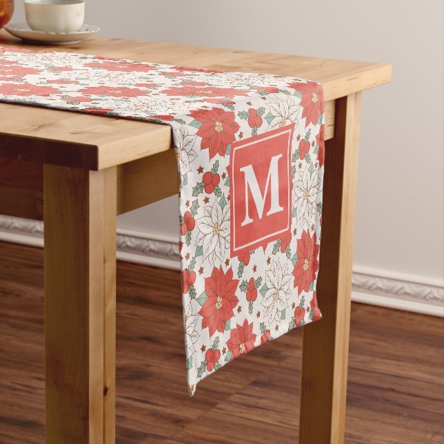 Christmas Floral Poinsettia Holly Custom Short Table Runner (In Situ)