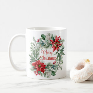 Christmas Floral Poinsettia Wreath Merry Christmas Coffee Mug