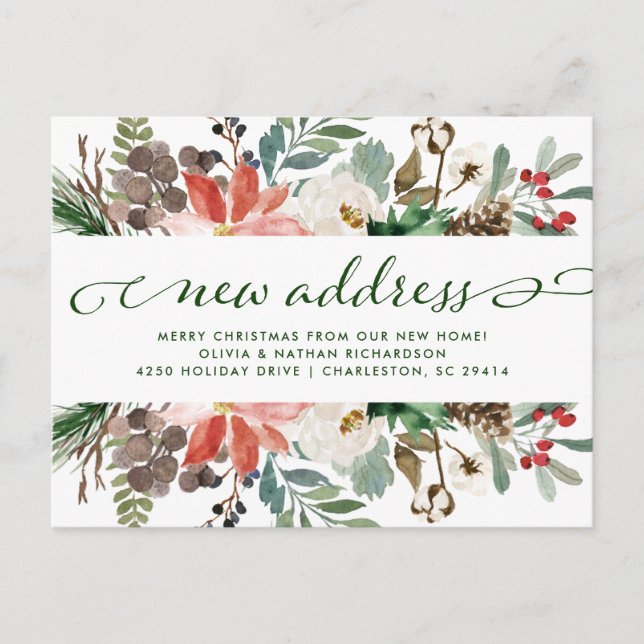 Christmas Floral | Pretty Holiday Moving Announcement Postcard (Front)