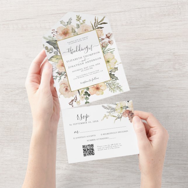 Christmas Floral QR RSVP Gold Foil Winter Wedding All In One Invitation (Tearaway)