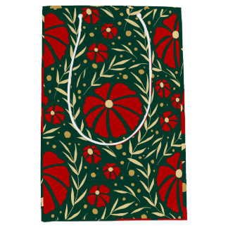Christmas Floral Red and Green Hand Drawn Flowers Medium Gift Bag