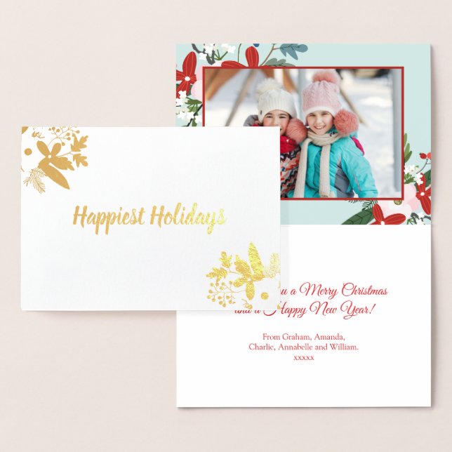 Christmas Floral Red Aqua Holiday Photo Foil Card (Display)