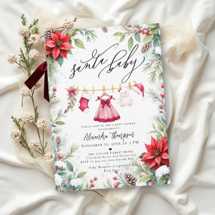 Christmas Floral Red Dress Girl Santa Baby Shower Invitation