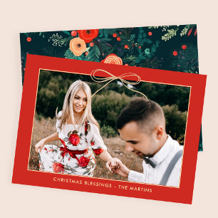 Christmas Floral Red Elegant Bow Photo Holiday Card