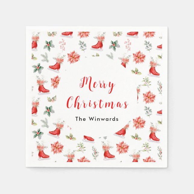 Christmas Floral Red Ice Skates Merry Christmas Napkin (Front)