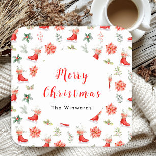 Christmas Floral Red Ice Skates Merry Christmas Square Paper Coaster