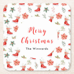 Christmas Floral Red Ice Skates Merry Christmas Square Paper Coaster