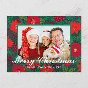 Christmas Floral Red Poinsettia Green Family Photo Holiday Postcard