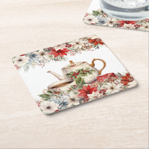 Christmas Floral Tea Holiday Party Square Paper Coaster