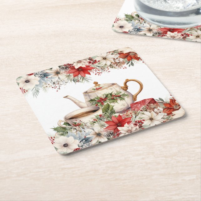 Christmas Floral Tea Holiday Party Square Paper Coaster (Angled)