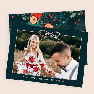 Christmas Floral Teal Festive Blush Bow Photo Holiday Card
