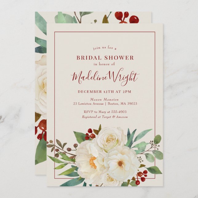 Christmas Floral Watercolor Bridal Shower Invitation (Front/Back)