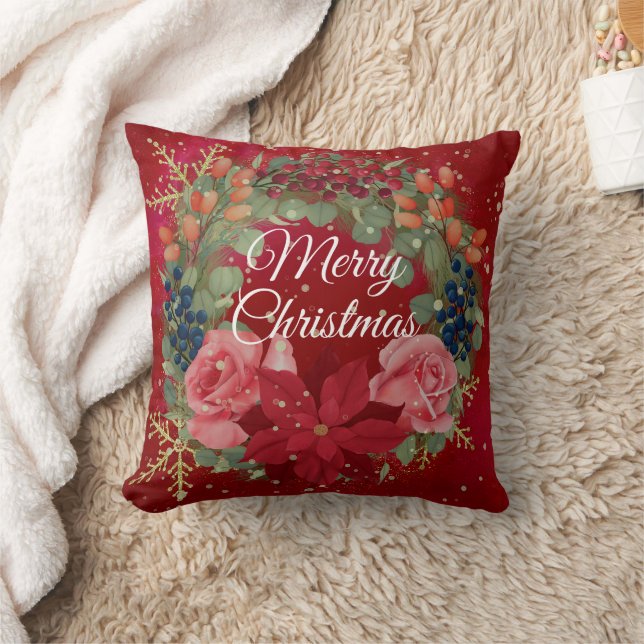 Christmas floral watercolor wreath red poinsettia  cushion (Blanket)