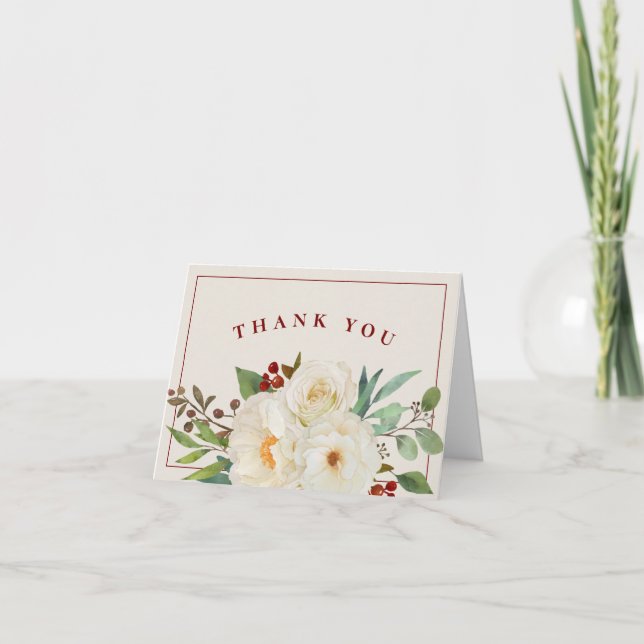 Christmas Floral Wedding or Bridal Shower Thank You Card (Front)