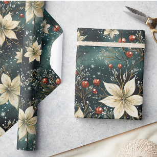Christmas Floral Winter Cream Poinsettia  Wrapping Paper