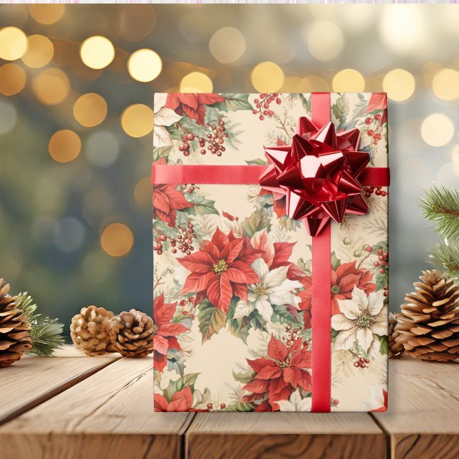 Christmas Floral Winter Large Poinsettias Cream Wrapping Paper (Christmas Floral Winter Large Poinsettias Cream Wrapping Paper)